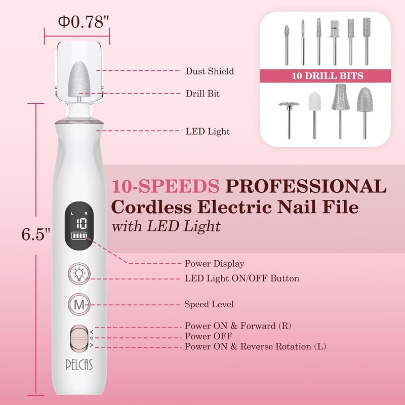 PELCAS Electric Nail File, 10 Speeds Cordless Nail Drill with LED Light, Portable Manicure and Pedicure Kit, Nail Grinder with LCD Screen for Human, Pet, Thick Toenails, Natural & Acrylic Nails - Image 5